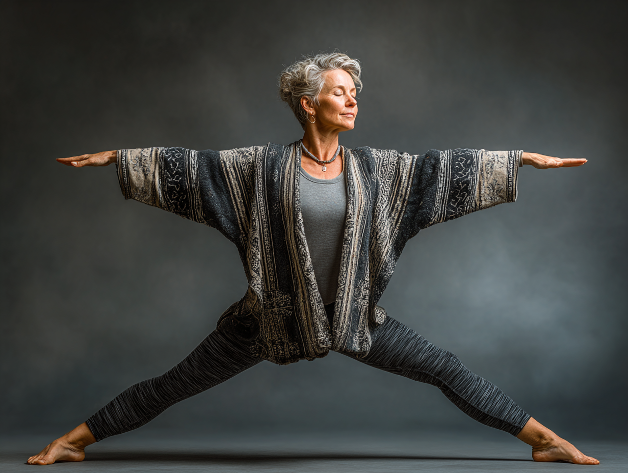 Літня жінка займається йогою на свіжому повітрі