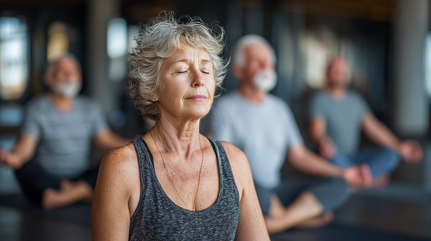 Чоловік і жінка середнього віку займаються дихальними вправами